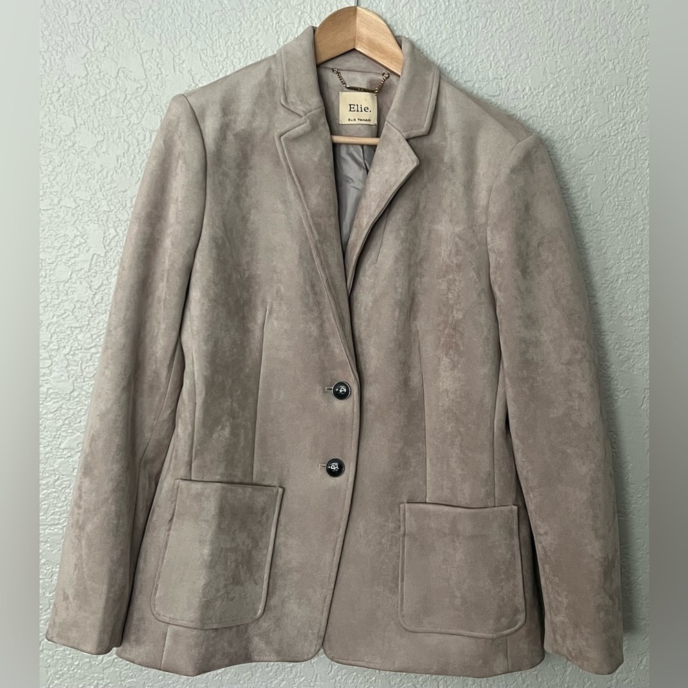 Elie Tahari Soft beige Faux suede two button notch collar Blazer jacket sz large - Picture 1 of 5